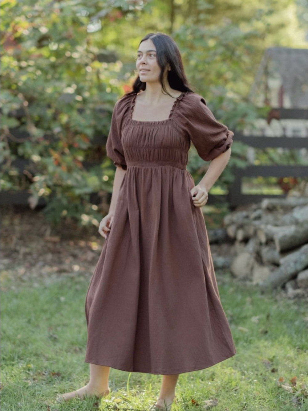 Women’s Brown Puff Sleeve Midi Hayden Dress - Elegant Square Neck